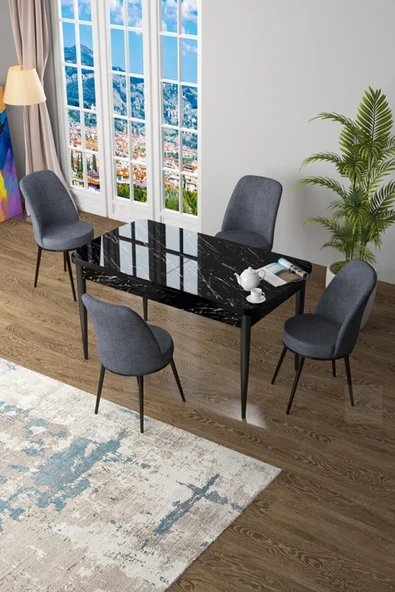 Canisa Concept Zen Serisi 80x132 Mdf Açılabilir Siyah Mermer Desen Masa Takımı ve 4 Füme Sandalye ürün görseli 1