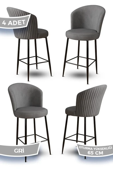 Canisa Alte Serisi 4 Gri Sandalye 65 Cm Ada Mutfak Bar Sandalyesi Babyface Kumaş Siyah Metal Ayaklı ürün görseli 1
