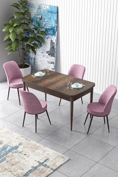 Canisa Concept Zen Serisi 80x132 Mdf Açılabilir Barok Ahşap Desen Masa Takımı Ve 4 Pembe Sandalye ürün görseli 1