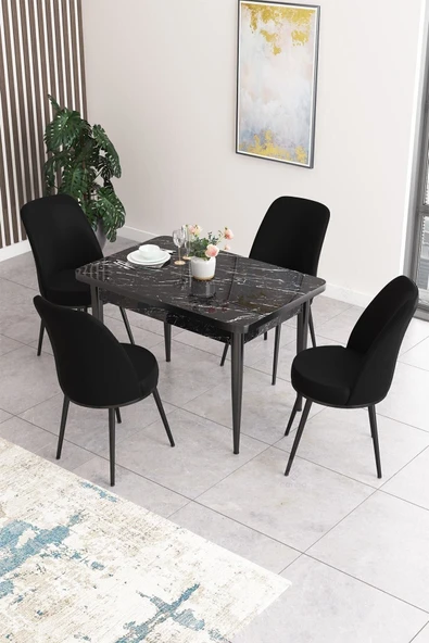 Canisa Concept Nil Serisi 70x110 Sabit Mutfak Masası Takımı Siyah Mermer Desen Masa 4 Siyah Sandalye ürün görseli 1