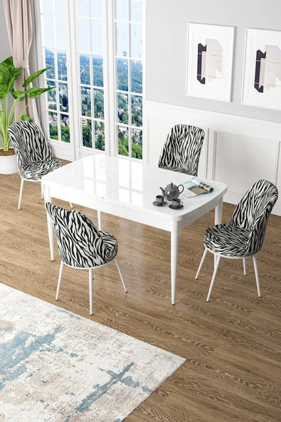 Canisa Kor Serisi 70x114 Açılabilir MDF Mutfak Masası Takımı Beyaz Masa 4 Zebra Desen Sandalye ürün görseli 1