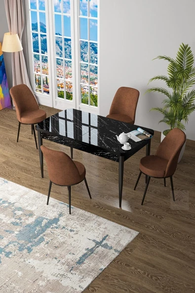 Canisa Concept Zen Serisi 80x132 Mdf Açılabilir Siyah Mermer Desen Masa Takımı Ve 4 Kiremit Sandalye ürün görseli 1