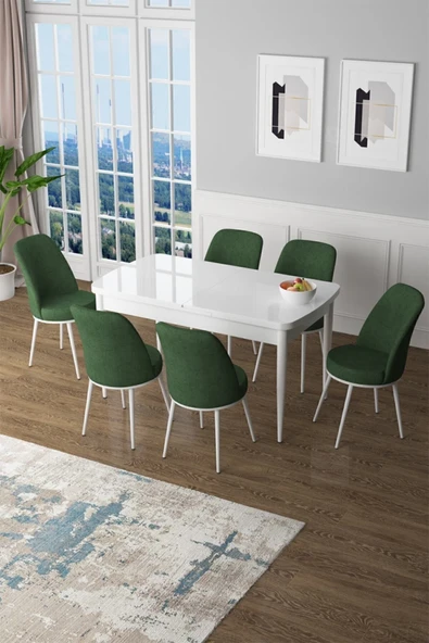 Canisa Concept Zen Serisi 80x132 Mdf Açılabilir Beyaz Mutfak Masası Takımı Ve 6 Haki Yeşil Sandalye ürün görseli 1