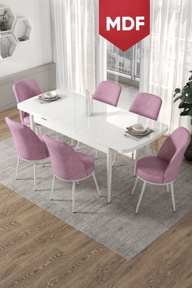 Canisa Concept Kor Serisi 70x114 Açılabilir Mutfak Masası Takımı Beyaz Masa 6 Pembe Sandalye ürün görseli 1