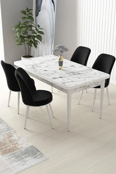 Canisa Concept Nil Serisi 70x110 Sabit Mutfak Masası Takımı Beyaz Mermer Desen Masa 4 Siyah Sandalye ürün görseli 1