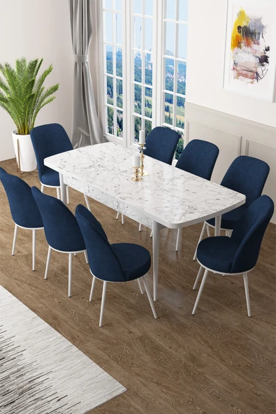 Canisa Concept Zen Serisi 80x132 Mdf Açılabilir Beyaz Mermer Desen Masa Takımı Ve 8 Lacivert Sandalye ürün görseli 1