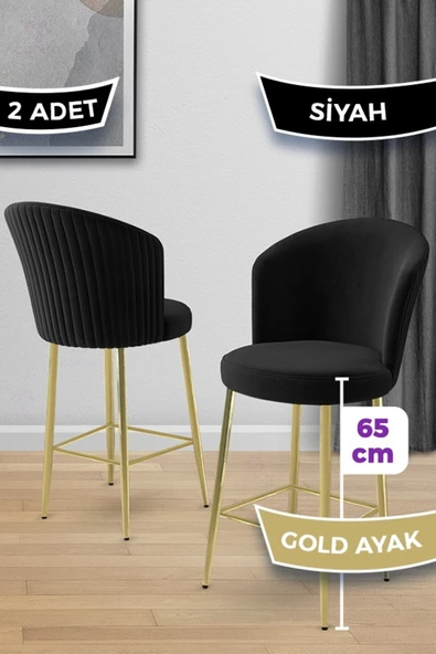 Canisa Alte Serisi 2 Adet Babyface Kumaş 65 cm Gold Kaplama Ayaklı Siyah Bar Sandalyesi ürün görseli 1