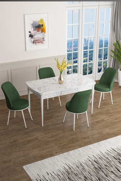 Canisa Concept Han Serisi 70x114 Açılabilir Mdf Mutfak Masa Takımı Beyaz Mermer Desen Masa 4 Haki Yeşil Sandalye ürün görseli 1