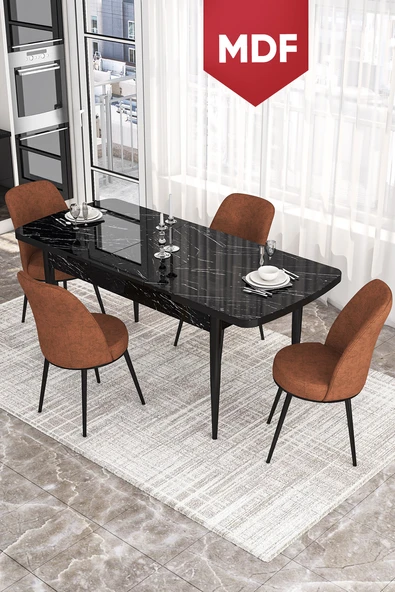 Canisa Kor Serisi 70x114 Açılabilir MDF Mutfak Masası Takımı Siyah Mermer Desen Masa 4 Kiremit Sandalye ürün görseli 1