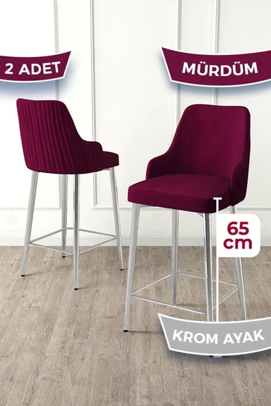 Canisa Tera Serisi 2 Adet Babyface Kumaş 65 cm Krom Kaplama Ayaklı Mürdüm Bar Sandalyesi ürün görseli 1