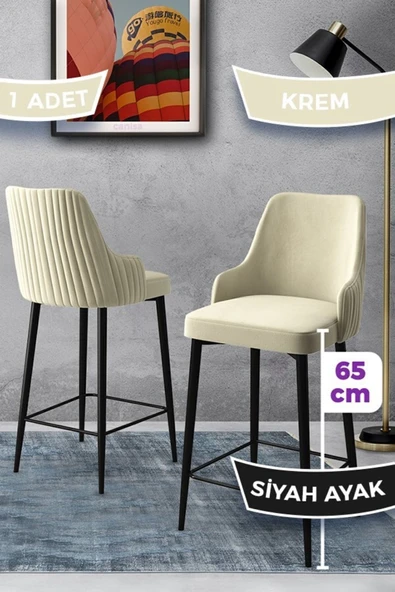 Canisa Tera Serisi 1 Adet 65 Cm Krem Ada Mutfak Bar Sandalyesi Babyface Kumaş Siyah Metal Ayaklı ürün görseli 1