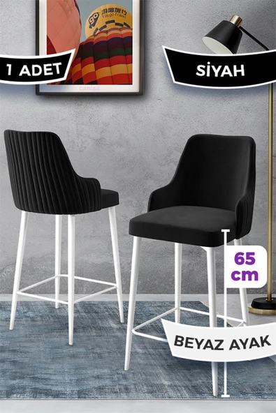 Canisa Tera Serisi 1 Adet 65 cm Siyah Ada Mutfak Bar Sandalyesi Babyface Kumaş Beyaz Metal Ayaklı ürün görseli 1