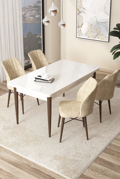 Canisa Concept Arp Serisi 70x110 Sabit Mutfak Masası Takımı Beyaz Ceviz Masa 4 Krem Sandalye ürün görseli 1
