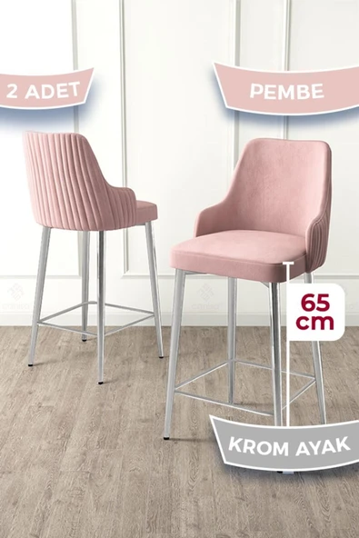 Canisa Tera Serisi 2 Adet Babyface Kumaş 65 cm Krom Kaplama Ayaklı Pembe Bar Sandalyesi ürün görseli 1