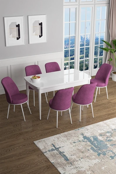 Canisa Concept Han Serisi 70x114 Açılabilir Mdf Mutfak Masası Takımı Beyaz Masa 6 Mor Sandalye ürün görseli 1
