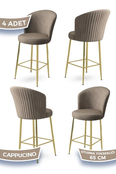Canisa Alte Serisi 4 Adet Babyface Kumaş 65 cm Gold Kaplama Ayaklı Cappucino Bar Sandalyesi ürün görseli 1