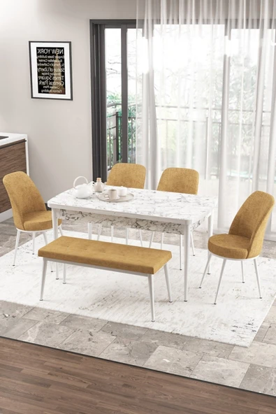 Canisa Concept Zen Serisi 80x132 Mdf Açılabilir Beyaz Mermer Desen Masa Takımı 4 Cappucino Sandalye Ve 1 Bench ürün görseli 1