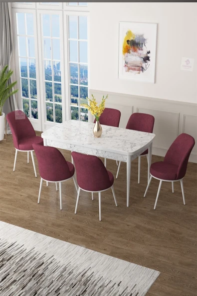 Canisa Concept Zen Serisi 80x132 Mdf Açılabilir Beyaz Mermer Desen Masa Takımı Ve 6 Bordo Sandalye ürün görseli 1