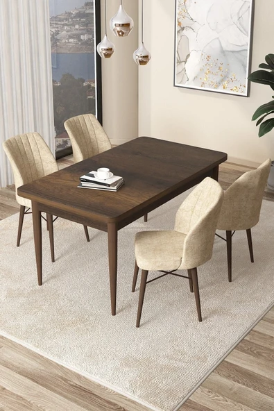 Canisa Concept Arp Serisi 70x110 Sabit Mutfak Masası Takımı Barok Desen Masa 4 Krem Sandalye ürün görseli 1