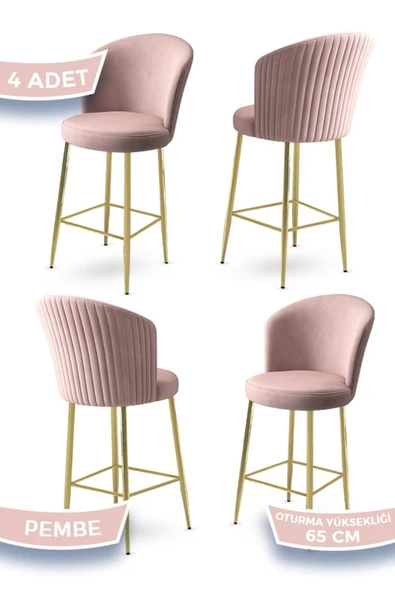 Canisa Alte Serisi 4 Adet Babyface Kumaş 65 cm Gold Kaplama Ayaklı Pembe Bar Sandalyesi ürün görseli 1