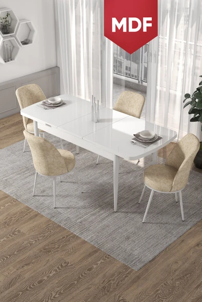 Canisa Concept Kor Serisi, 70x114 Açılabilir MDF  Beyaz Yemek Masası Takımı,4 Krem Sandalye ürün görseli 1