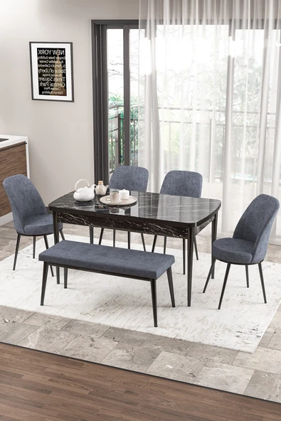 Canisa Concept Zen Serisi 80x132 Mdf Açılabilir Siyah Mermer Desen Masa Takımı 4 Füme Sandalye Ve 1 Bench ürün görseli 1