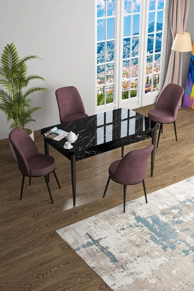 Canisa Concept Han Serisi 70x114 Açılabilir Mdf Mutfak Masası Takımı Siyah Mermer Desen Masa 4 Gül Kurusu Sandalye ürün görseli 1