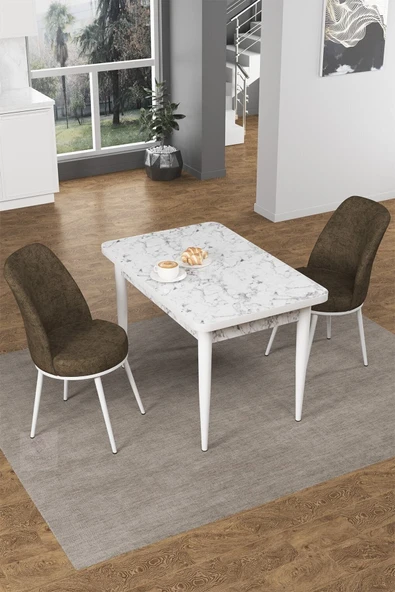 Canisa Concept Nil Serisi 70x110 Sabit Mutfak Masası Takımı Beyaz Mermer Desen Masa 2 Kahverengi Sandalye ürün görseli 1