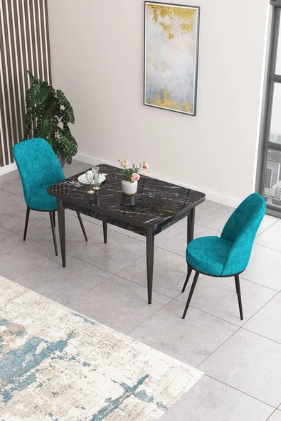 Canisa Concept Nil Serisi 70x110 Sabit Mutfak Masası Takımı Siyah Mermer Desen Masa 2 Turkuaz Sandalye ürün görseli 1