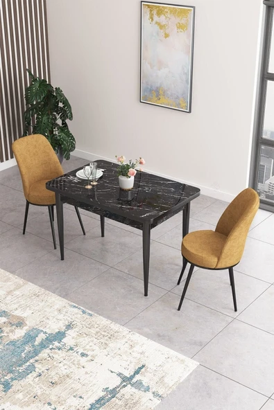 Canisa Concept Nil Serisi 70x110 Sabit Mutfak Masası Takımı Siyah Mermer Desen Masa 2 Cappucino Sandalye ürün görseli 1