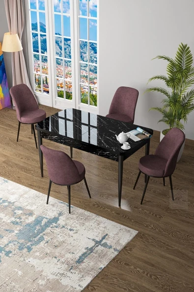 Canisa Concept Zen Serisi 80x132 Mdf Açılabilir Siyah Mermer Desen Masa Takımı Ve 4 Gül Kurusu Sandalye ürün görseli 1