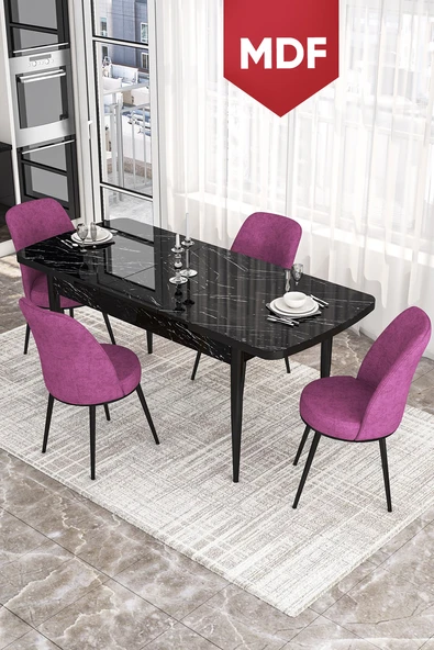Canisa Concept Kor Serisi 70x114 Açılabilir MDF Mutfak Masası Takımı Siyah Mermer Desen Masa 4 Mor Sandalye ürün görseli 1