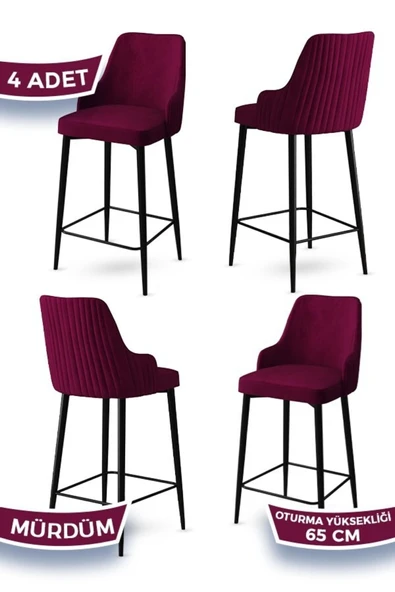 Canisa Tera Serisi 4 Mürdüm Sandalye 65 Cm Ada Mutfak Bar Sandalyesi Babyface Kumaş Siyah Metal Ayaklı ürün görseli 1