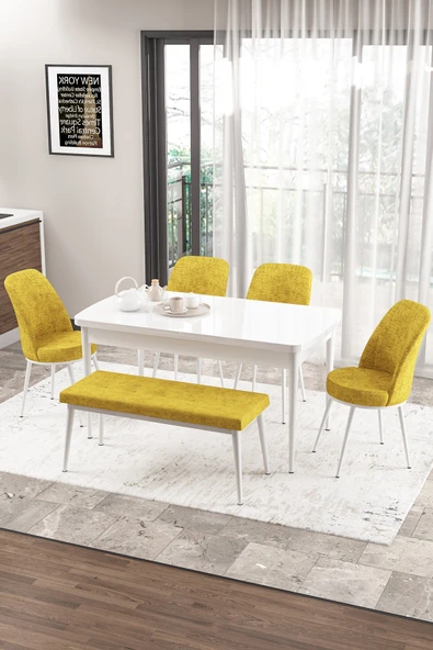 Canisa Concept Zen Serisi 80x132 Mdf Açılabilir Beyaz Masa Takımı 4 Hardal Sandalye Ve 1 Bench ürün görseli 1