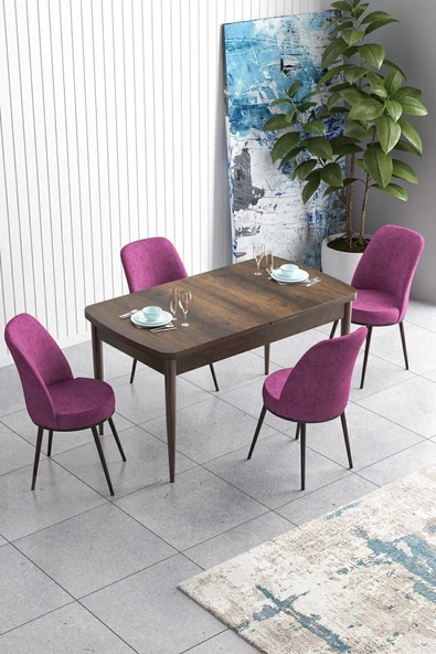 Canisa Concept Han Serisi 70x114, Açılabilir Mdf Mutfak Masa Takımı, Barok Ahşap Desen Masa Ve 4 Mor Sandalye ürün görseli 1