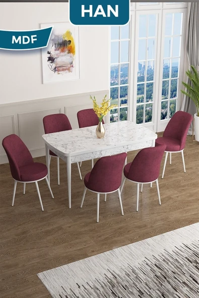 Canisa Han Serisi, 70x114 Açılabilir Mdf Masa Takımı, Beyaz Mermer Desen Masa Ve 6 Bordo Sandalye ürün görseli 1