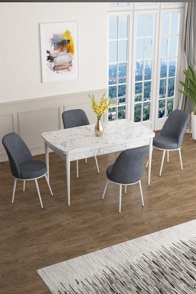 Canisa Concept Han Serisi 70x114, Açılabilir Mdf Mutfak Masa Takımı, Beyaz Mermer Desen Masa Ve 4 Füme Sandalye ürün görseli 1