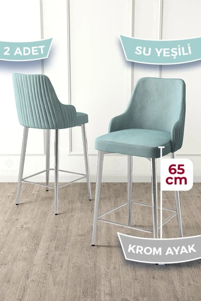 Canisa Tera Serisi 2 Adet Babyface Kumaş 65 cm Krom Kaplama Ayaklı Su Yeşili Bar Sandalyesi ürün görseli 1