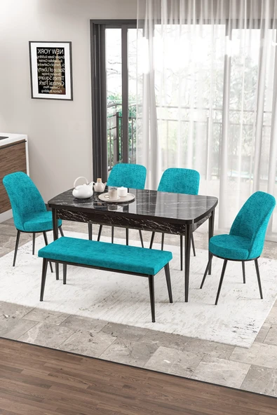 Canisa Concept Zen Serisi 80x132 Mdf Açılabilir Siyah Mermer Desen Masa Takımı 4 Turkuaz Sandalye Ve 1 Bench ürün görseli 1