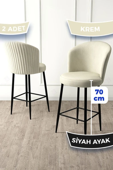 Canisa Fora Serisi 2 Adet Krem Sandalye Ada Mutfak Bar Sandalyesi Babyface Kumaş Siyah Metal Ayak ürün görseli 1