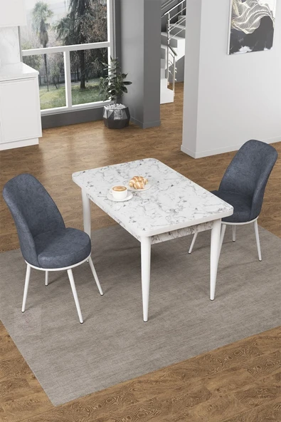Canisa Concept Nil Serisi 70x110 Sabit Mutfak Masası Takımı Beyaz Mermer Desen Masa 2 Füme Sandalye ürün görseli 1