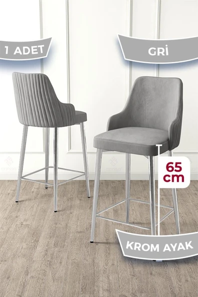 Canisa Tera Serisi 1 Adet Babyface Kumaş 65 cm Krom Kaplama Ayaklı Gri Bar Sandalyesi ürün görseli 1