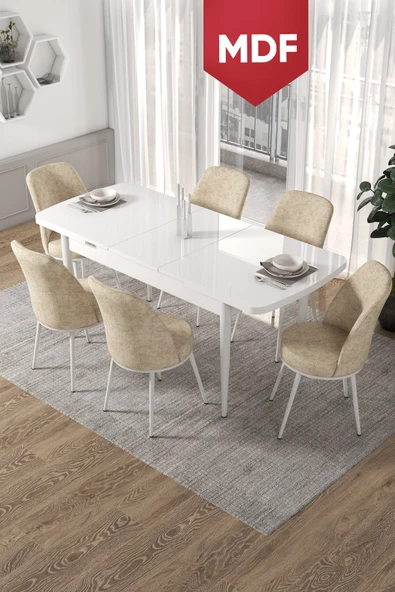 Canisa Concept Kor Serisi, 70x114 Açılabilir MDF Beyaz Yemek Masası Takımı,6 Krem Sandalye ürün görseli 1