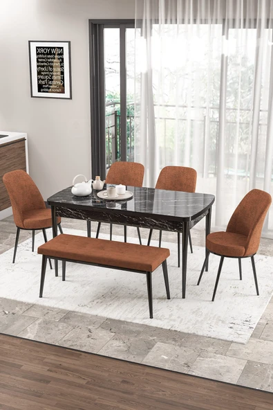 Canisa Concept Zen Serisi 80x132 Mdf Açılabilir Siyah Mermer Desen Masa Takımı 4 Kiremit Sandalye Ve 1 Bench ürün görseli 1