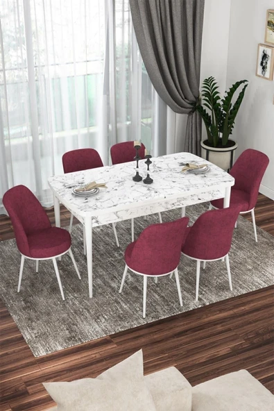 Canisa Concept Kor Serisi 70x114 Açılabilir Mutfak Masası Takımı Beyaz Mermer Desen Masa 6 Bordo Sandalye ürün görseli 1