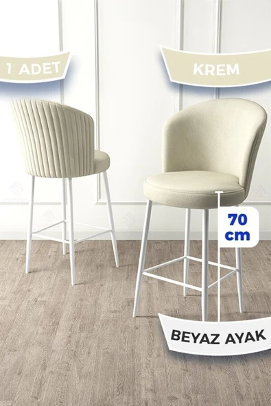 Canisa Fora Serisi 1 Adet Krem Sandalye Ada Mutfak Bar Sandalyesi Beyaz Metal Ayaklı Babyface Kumaş ürün görseli 1