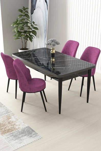 Canisa Concept Nil Serisi 70x110 Sabit Mutfak Masası Takımı Siyah Mermer Desen Masa 4 Mor Sandalye ürün görseli 1