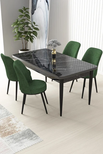 Canisa Concept Nil Serisi 70x110 Sabit Mutfak Masası Takımı Siyah Mermer Desen Masa 4 Haki Yeşil Sandalye ürün görseli 1