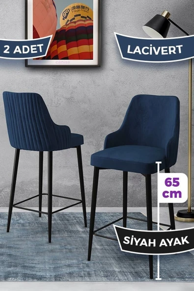 Canisa Tera Serisi 2 Lacivert Sandalye 65 Cm Ada Mutfak Bar Sandalyesi Babyface Kumaş Siyah Metal Ayaklı ürün görseli 1