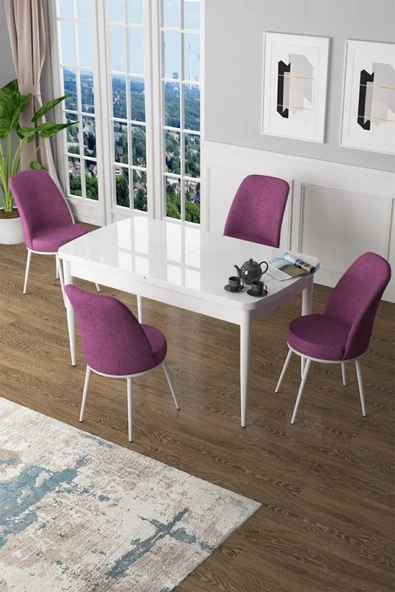 Canisa Concept Zen Serisi 80x132 Mdf Açılabilir Beyaz Masa Takımı Ve 4 Mor Sandalye ürün görseli 1